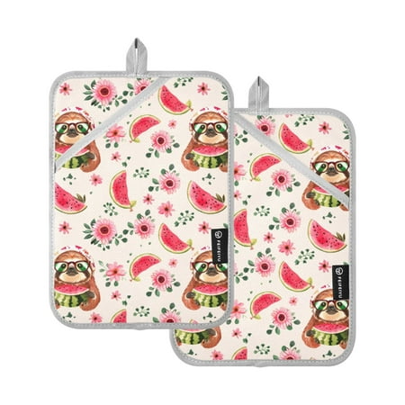 

Sloth and Watermelon Oven Mitts 2 Pcs Pot Holders Sets Heat Resistant for Kitchen Cooking Baking 7 x9.8