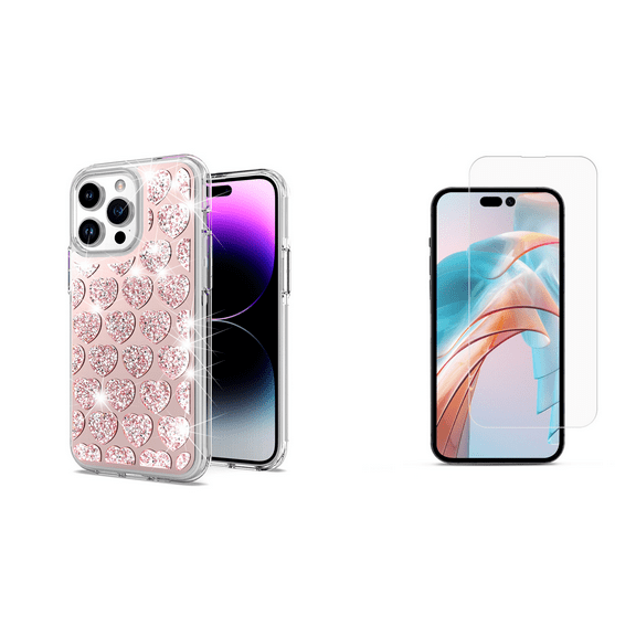 Bemz Bling Case for iPhone 15 Pro Max, Diamond Glitter Sparkle Dual Layer Hybrid Protector Cute Women Girls Cover with Tempered Glass Screen Protector (Pink Love Hearts)