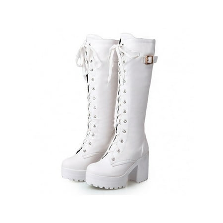 

UKAP Women Fashion Knee High Boot Walking Non-slip Combat Work Round Toe Block Heel Boots White 7.5