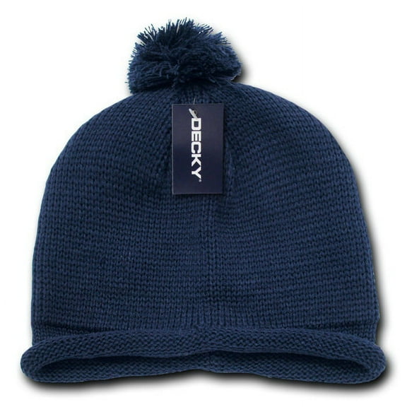 Solid RollUp Beanie w/PomPom, Navy
