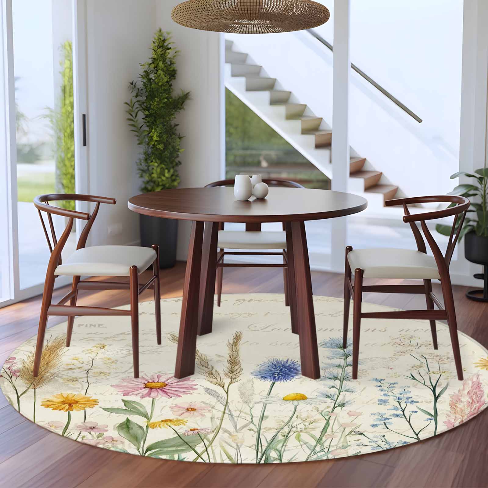 Spring Floral Round Rugs 5ft, Summer Farmhouse Vintage Botanical Non Slip Washable Rug Runner, Low Pile Indoor Floor Carpet Mat Bathroom Rugs for Living Room, Bedroom, Kids Room