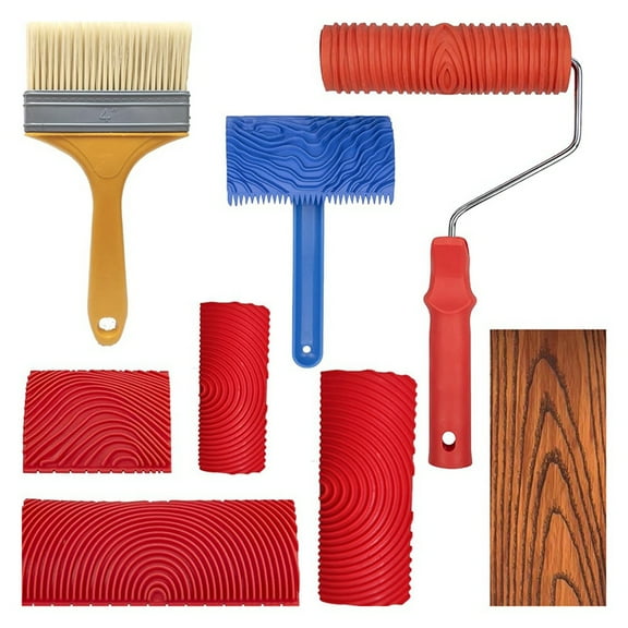 8Pcs Wood Grain Tool Set Wood Texture Paint Tool DIY Rubber Wood Pattern Painting Roller for Wall Room Art Decoration,1 set * wood grain tool,Red