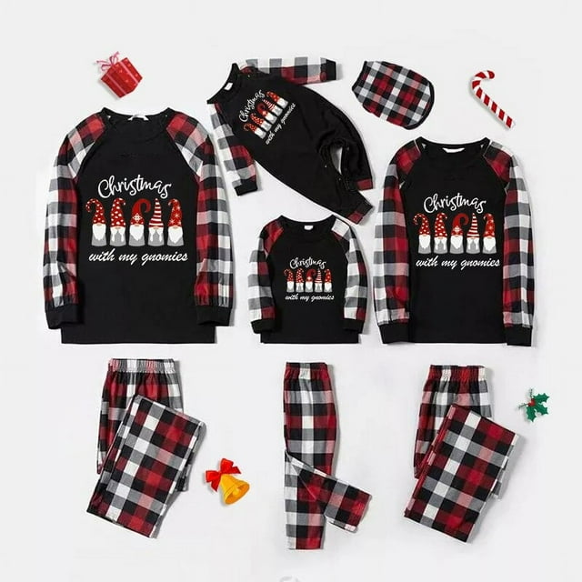 Pijamas navideños a juego para la familia, conjunto de pijamas a cuadros negros con My Gnomies