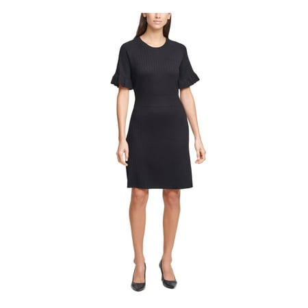 CALVIN KLEIN Womens Black Knit Ribbed Unlined Pullover Style Flutter Sleeve Round Neck Above The Knee Sweater Dress XL