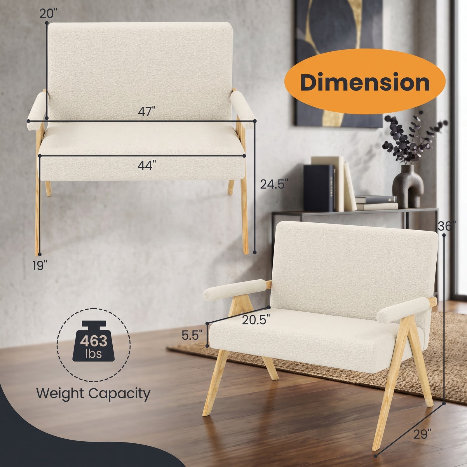 Furnibear Modern Loveseat Sofa, Small Space Upholstered 2-Seat Couch with Padded Armrests, Sherpa Fabric Loveseat with Solid Rubber Wood Legs for Living Room, Beige
