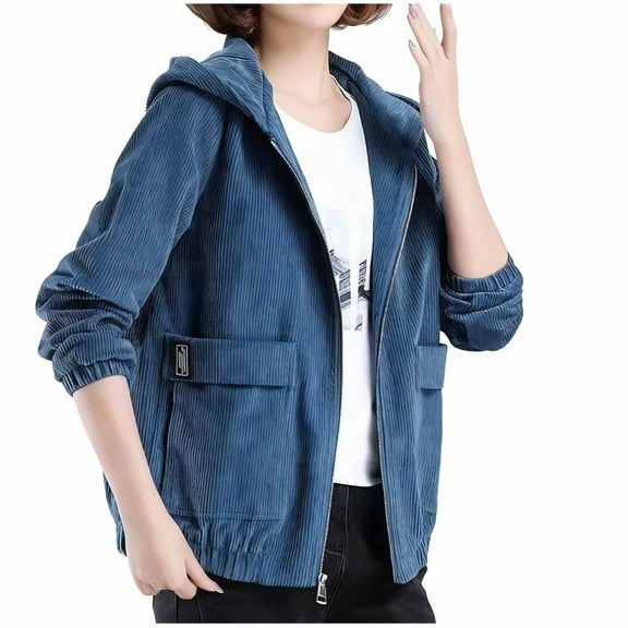 Uaswgudfs Women's Corduroy Hooded Zip-Up Jacket, Casual Long Sleeve Coat with Pockets - Everyday Outerwear Blue L