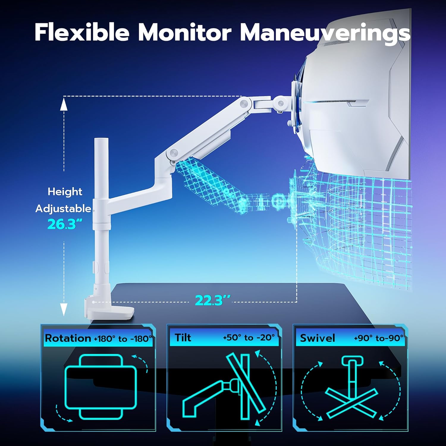 ARES WING Single Monitor Arm Desk Mount for 17–49 Inch Ultrawide Monitors, Heavy Duty Monitor Mount Holds Up to 44 lbs, Full Motion Gas Spring Monitor Stand, VESA 75x75 / 100x100, White
