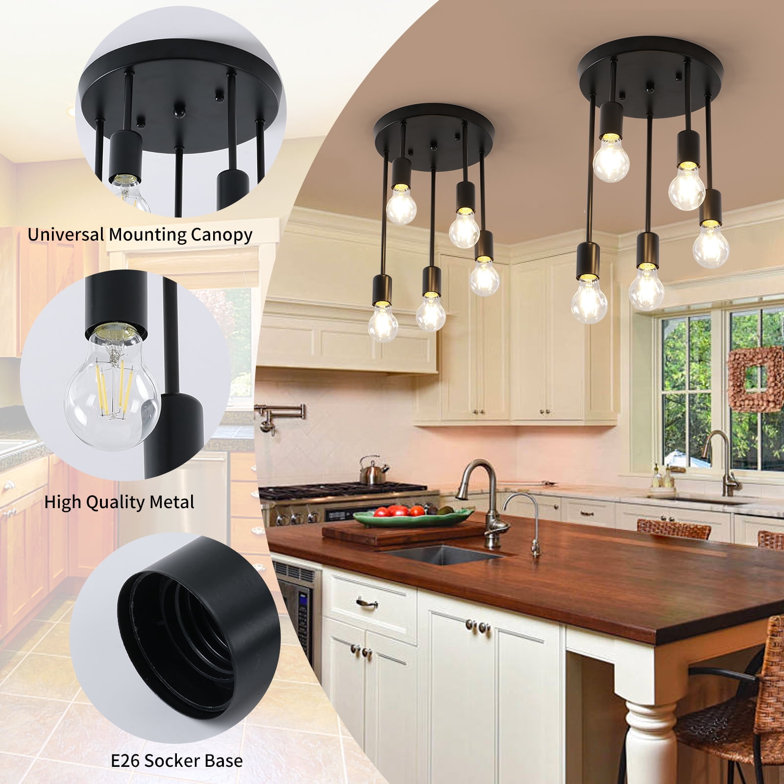 HALIGATE 5-Light Farmhouse  Ceiling Light Semi Flush Mount for House, Black Hallway Light Fixtures Kitchen Ceiling Light Fixtures for Living Room Foyer, E26 Base