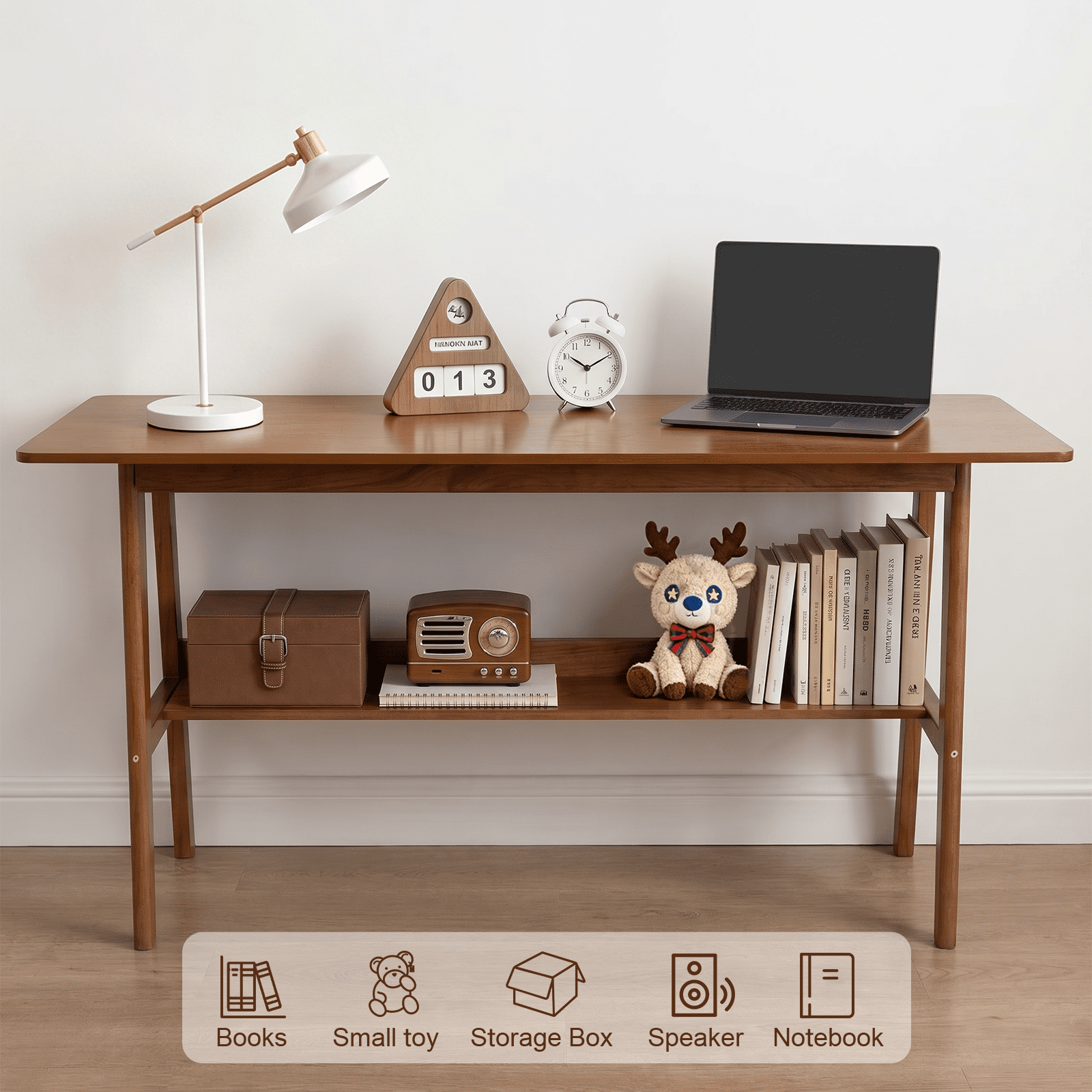63-Inch Extra Long Computer Workstation with Storage Shelf, Modern 2-Person Desk and Writing Table for Home Office and Study, Walnut