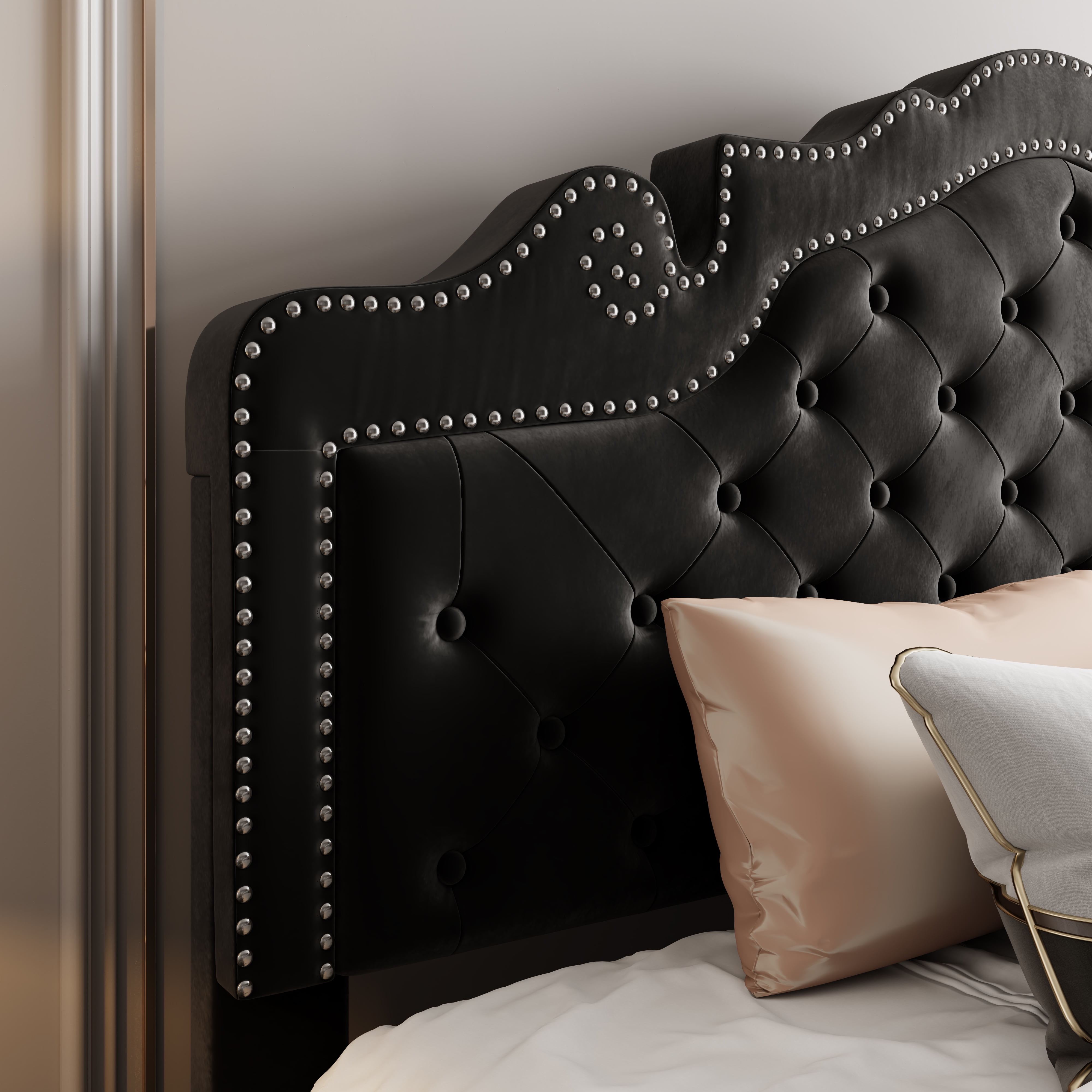 Allewie Queen Size Platform Bed Frame with Velvet Tiara Upholstered Diamond Button Tufted Headboard, Black