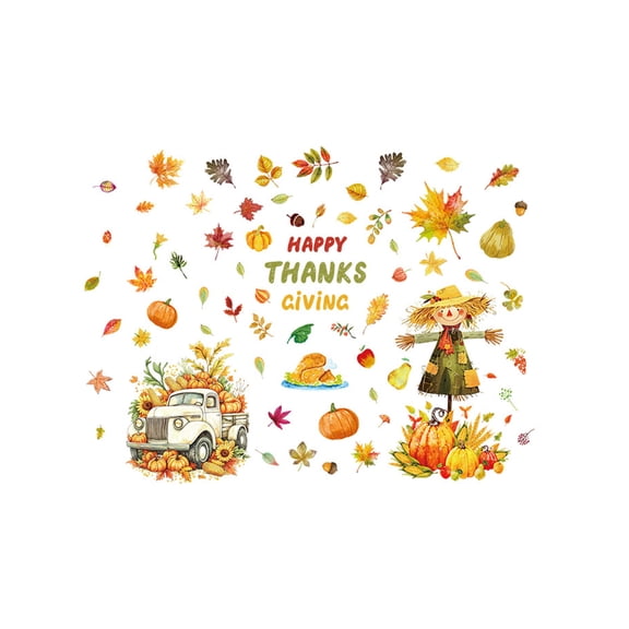 Trovenix Thanksgiving Fall Glass Stickers Maple Leaf Turkey Pumpkin Scarecrow Combination Removable Window Clings for Classroom Shop