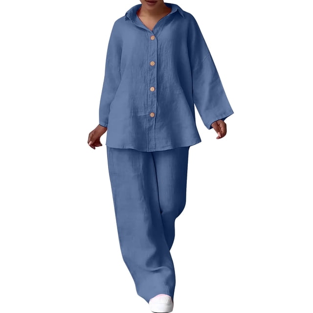 Timegard 2 Piece Sets for Women Plus Size Long Sleeve Button up Shirts Wide Leg Pants Solid Color Outfits