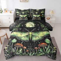 jejeloiu Natural Plant Mushroom 7pcs Bedding Comforter Set,Gothic Moth Queen Bedding Sets,Green Black Queen Sheet Sets For Children,Breathable Home Decor Reversible