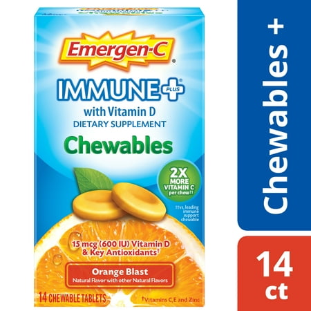 Emergen-C Immune+ Chewables (14 Count, Orange Blast Flavor) Dietary Supplement Tablet With 600 IU Vitamin D, 500mg Vitamin