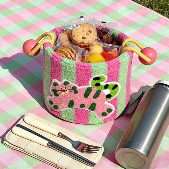 Kumdkd Cute Kitty Storage Basket - Cotton Rope Desktop & Entryway Organizer for Snacks, Toys, Office Supplies | Pink and Green Stripes, 7.9" x 7.9" x 7.9" Decorative Bin
