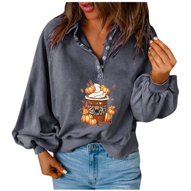 Moda mujer Casual sólido cuello vuelto manga larga botón suelta otoño blusa Tops Pompotops FGAJ21764