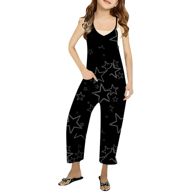 Girls Romper Star Print Summer Rompers for Girls Sleeveless Rompers with Pockets Outfits for Girls 11-12 Y