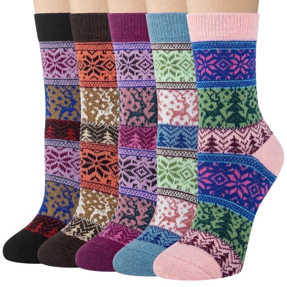 Loritta 5 Pairs Wool Socks for Women, Crew Cozy Boot Winter Warm Thick Socks Gifts Size 5-9