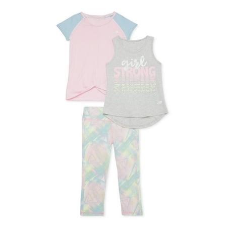 Marika Girls 4-12 Twist Front Active T-shirt, Graphic Tank Top and Performance Leggings, 3-Piece Active Set