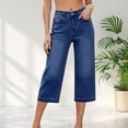 thumbnail image 2 of Capri Jeans for Women Elastic High Waist Relaxed Fit Washed Blue Wide Straight Leg Denim Capris with Pockets Cropped Jeans, 2 of 8