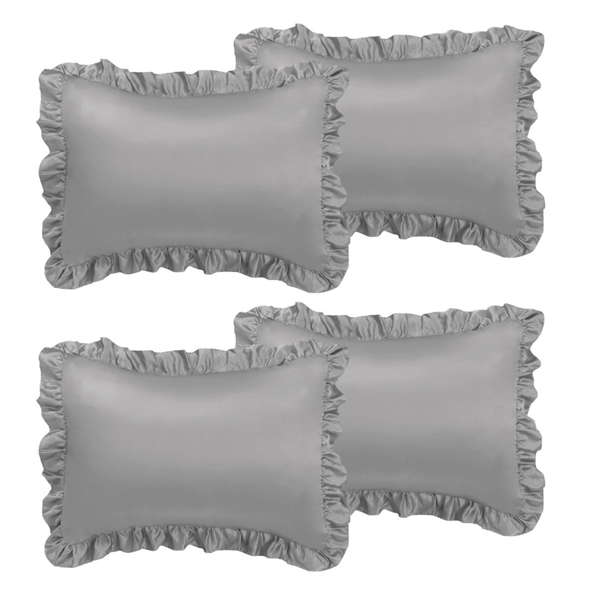 Set Of 4 Satin Pillow Shams Oxford Pillowcase W Ruffled Decor Grey