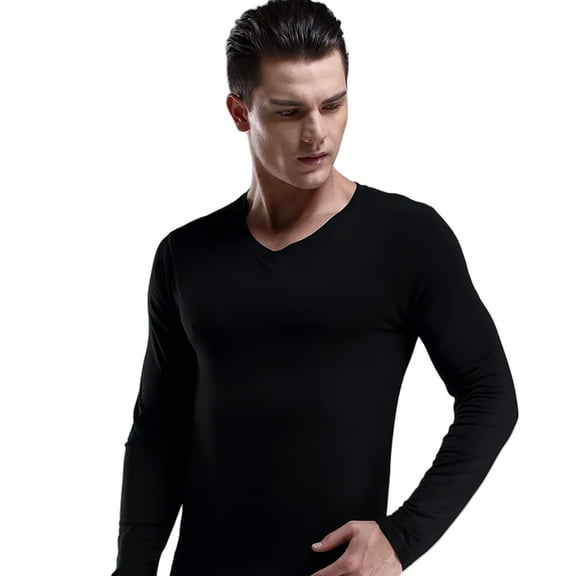 Men's Thermal Underwear Top Long Sleeve Slim Fit V-Neck Base Layer Shirt for Winter, Black, Size XL, 1ea
