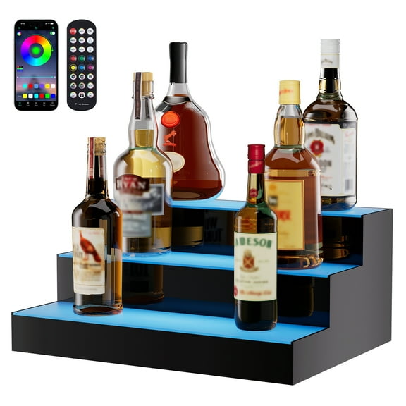 VEVOR LED Lighted Liquor Bottle Display, 3 Tiers 16 Inch Commercial Illuminated Home Bar Shelf, 3 Steps Whiskey Rack Stand, Acrylic Drink Shelves with RF Remote & App Control,and Multicolor lighting