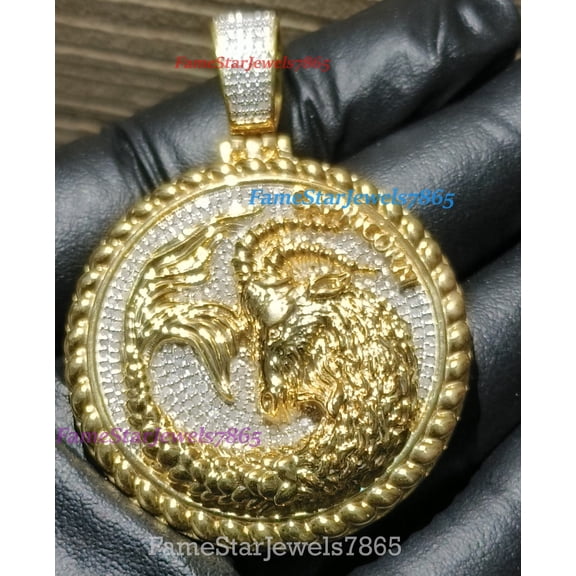 Moissanite Round Cut 'Capricorn' Goat Astrology Horoscope Zodiac Birth Sign Pendant 14K Yellow Gold Plated with 925 Silver Men Women
