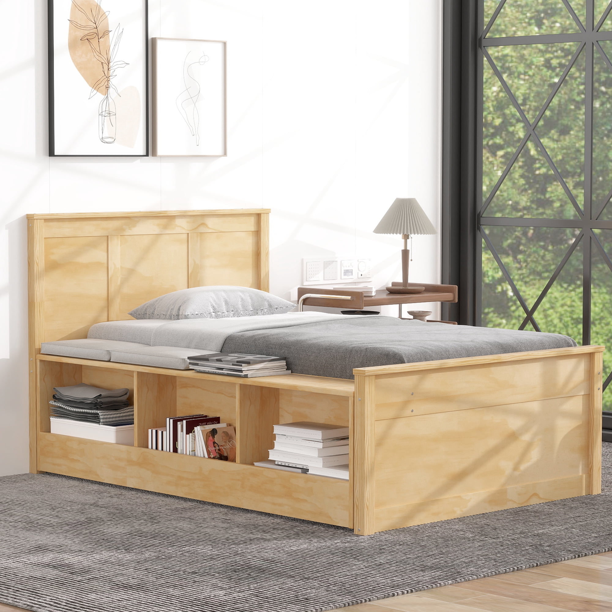 Mintazer Twin Platform Bed with Pull-Out Trundle, Modern Bookcase Bed with Storage Cabinet, No Box Spring Needed, Natural