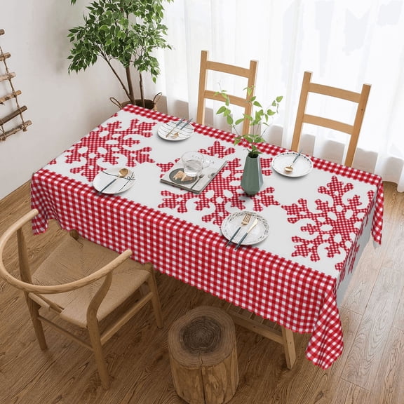 Red plaid fabric with snow flakes Tablecloth 50x70 Inch, Washable Waterproof Rectangular Table Cover for Party Picnic Dinner Decor