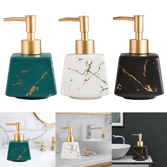 loción de jabón de cerámica para baño 3 uds botella de bomba 260ml soledad dispensador de loción de jabón — tres dispensadores cerámicos multicolor (verde, blanco y negro) con vetas doradas y bomba metálica dorada, forma cónica corta, capacidad 260 ml; vista frontal y en lavabos modernos; también son adecuados para lociones y cremas de manos.