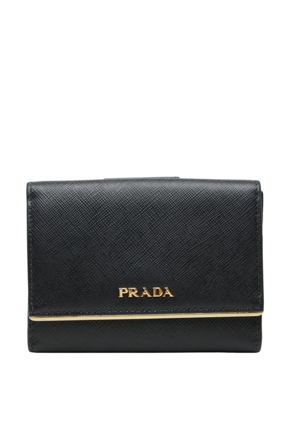 Pre-Owned Prada Logo Tri-fold Wallet Flap Black Saffiano Leather Women's PRADA