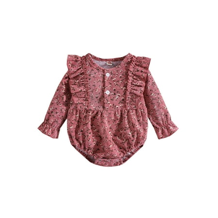 

BrilliantMe Kids Baby Girls Romper Long Sleeve Ruffle Half Button Elastic Cuff Floral Print One Piece Bodysuit Outfits Pink 3-6 Months