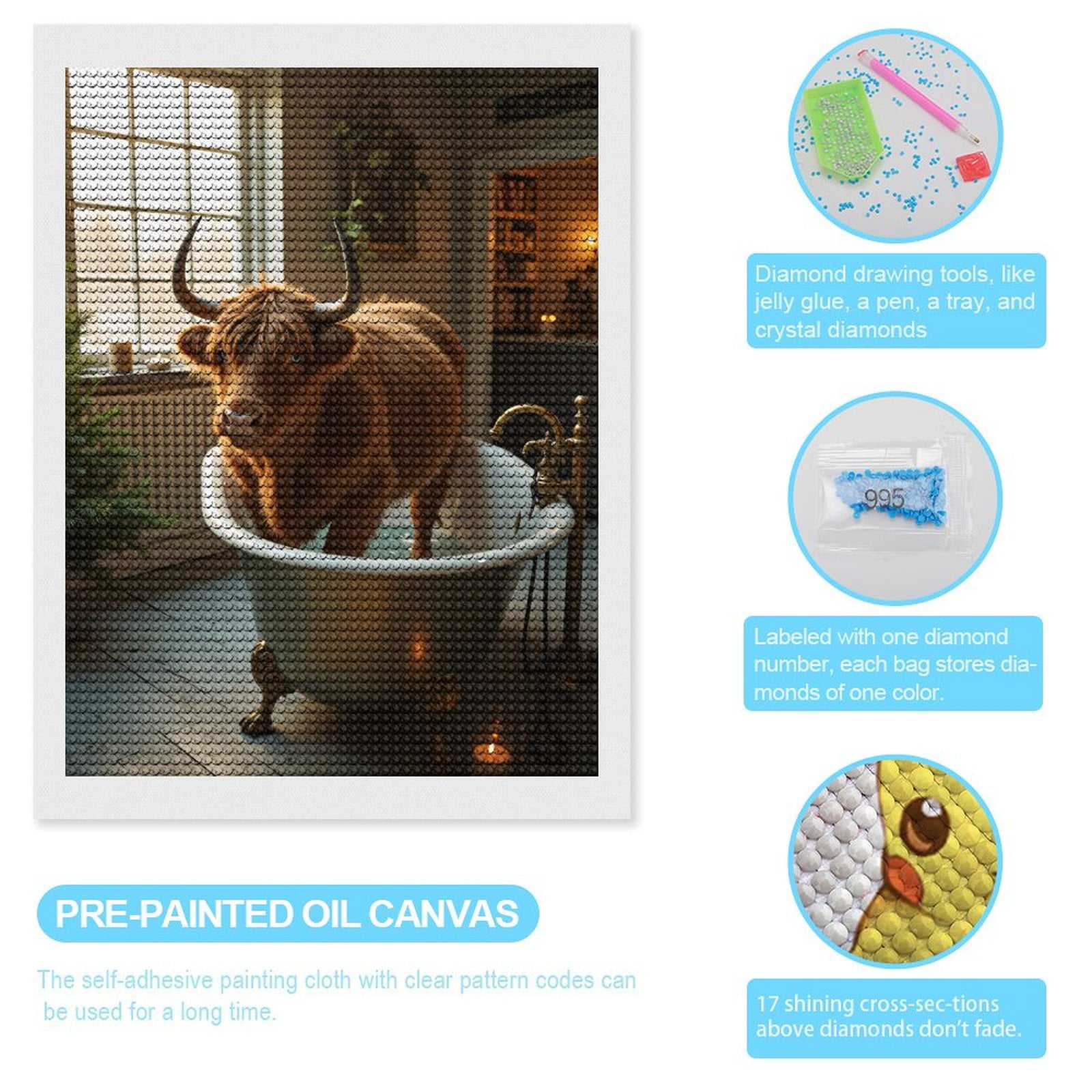 Diamond Art Kits for Adults, Bathing Cow Indoors With Candles 5D Diamond Painting Kits for Adults Beginners, DIY Full Drill Diamond Painting, Gem Art and Crafts 12x16
