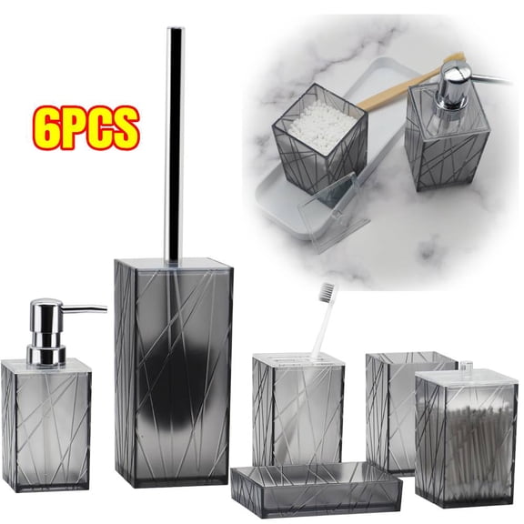 6 PCS Transparent Grey Bathroom Accessory Set with Refillable Lotion Dispenser Toothbrush Holder Cup and Soap Dish Lightweight