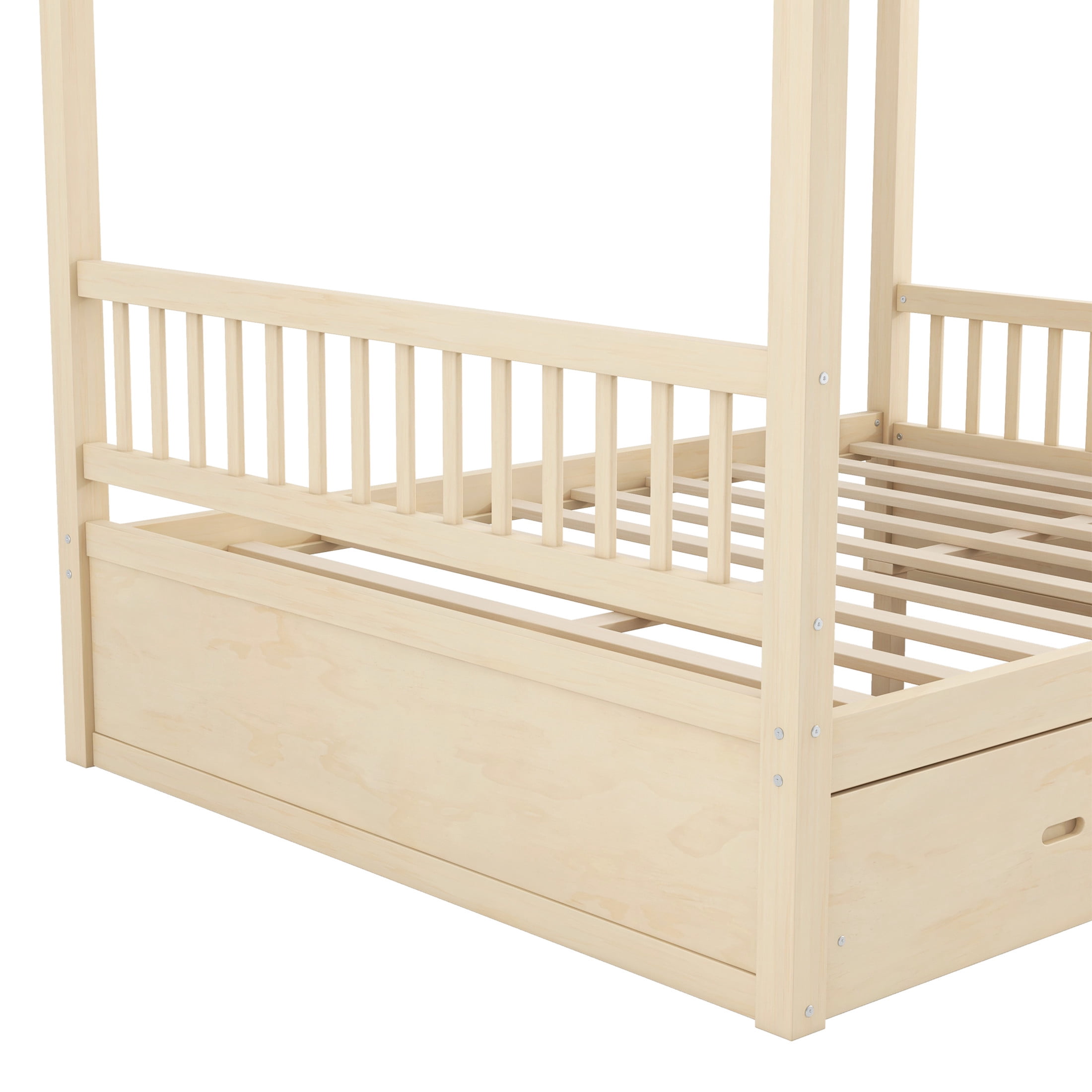 Noble House Stefan Queen Size Wooden Canopy Bed Frame with Storage Drawers, Farmhouse Decor Style, Natural