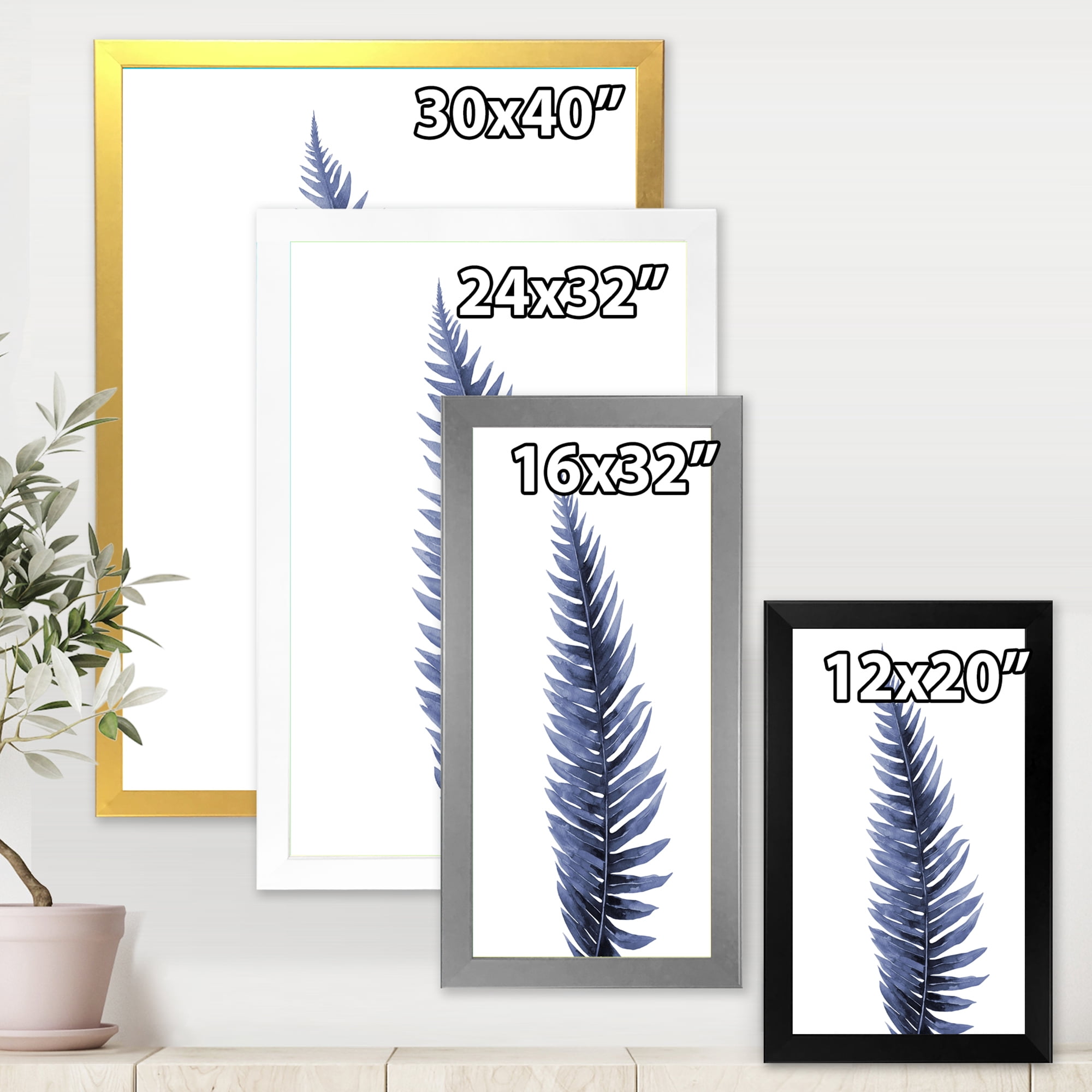 Designart 'Tropical Blue Watercolour Leaves On White' Bohemian & Eclectic Framed Art Print