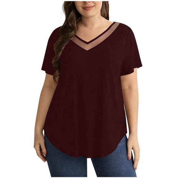 XuJwPNcy Summer Tops for Women V Neck Curved Hem Plus Size Tops Loose Fit Fashion T Shirts Thin Breathable Clothes L-5XL