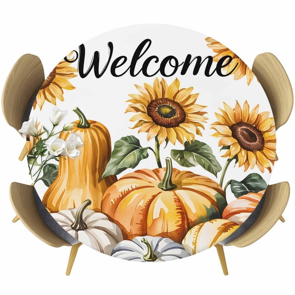 Orange Pumpkin Fall Round Tablecloth, Fitted Table Cover with Elastic for 55"-60" Round Tables, Thanksgiving Sunflower Autumn Botanical Table Cloth Outdoor Indoor Dinning Party Waterproof Tablecloths