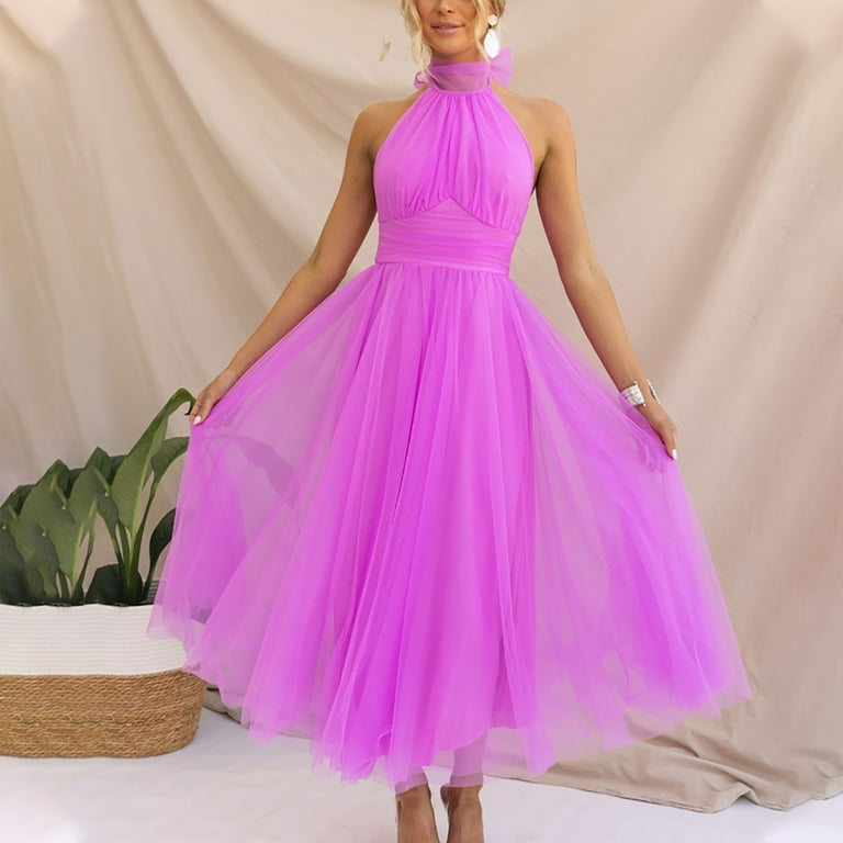 Nye Midi Dress Purple Sweet Elegant Solid Backless Halter A Line Dresses(Purple/M)