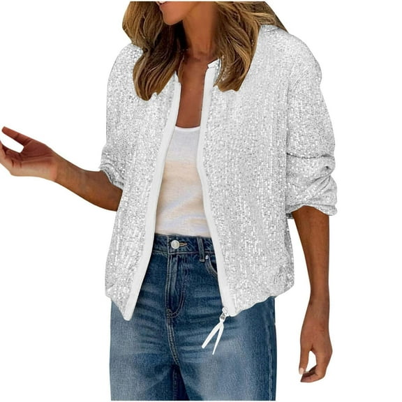 Women's sequined zipper jacket glitter evening cardigan casual dress coat disco costume