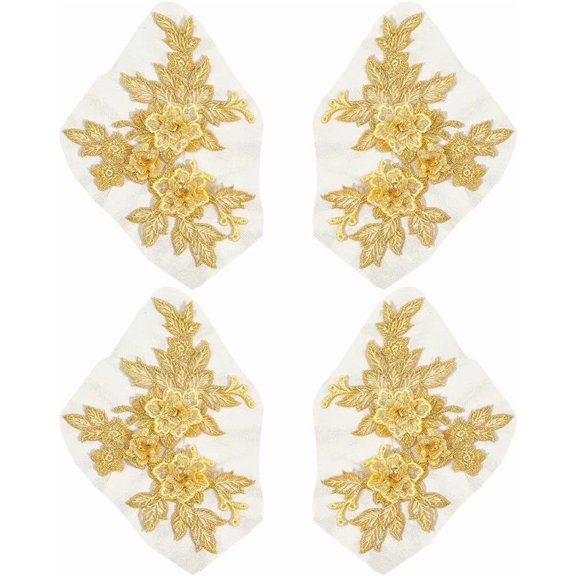 2 Pairs 4Pcs Gold 3D Floral Embroidery Lace Applique Vintage Solid Patches Sew On Polyester Flower Embroidered Appliques for Sewing Making Dresses Bags Home Decor Accessories DIY Crafts