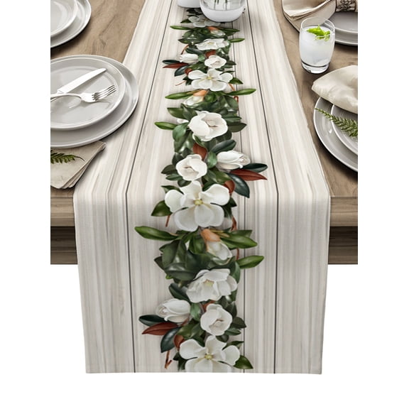 Table Runner Dresser Scarves 90 Inch Long, White Magnolia Blossom Flowers and Leaves Linen Dining Table Runners Vintage Wooden Board Tabletop Scarf for Wedding Holiday Party Kitchen