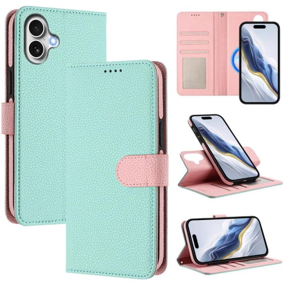 For iPhone 17 RFID Blocking Protective Purse 2-in-1 Detachable Bicolor Wallet Case Magnetic Flip Cover Multi-Card Slots Pocket With Wrist Strap Phone Case,Green,For iPhone 17