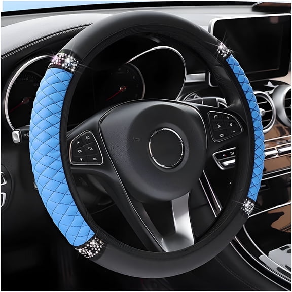 LADYGYM Sparkly Rhinestone Car Steering Wheel Cover for Women, 15 Inch Soft Leather Steering Wheel Protector with Crystal Diamonds, Non-Slip Elastic Grip for Most Cars Blue
