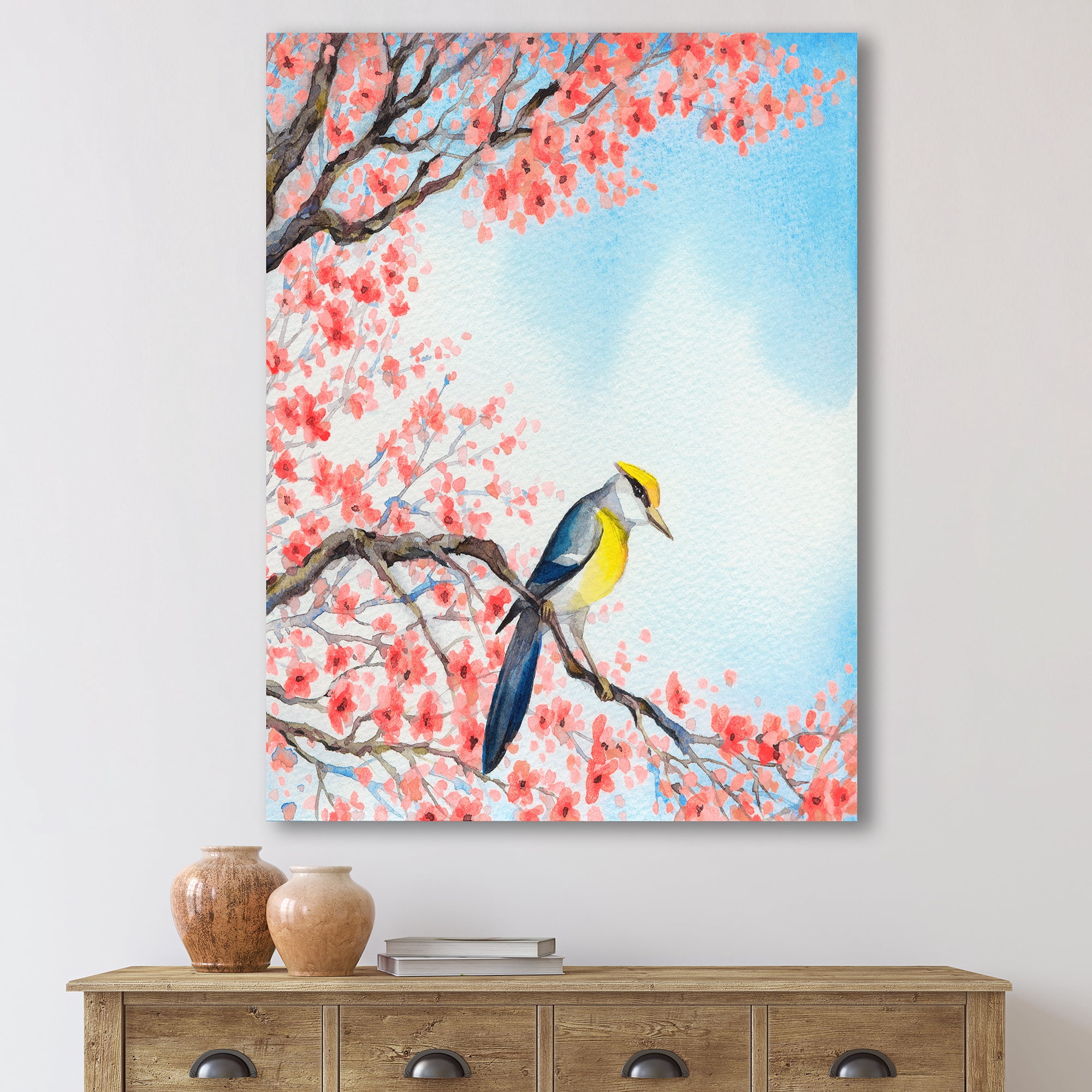 Designart ' Beautiful Red Bird Sitting On Flowering Branch I ' Traditional Canvas Wall Art Print
