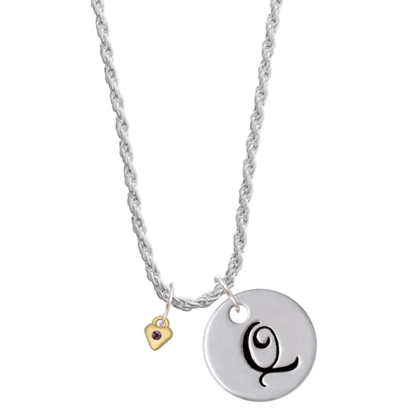 Delight Jewelry Goldtone Mini February - Purple Crystal Heart Silvertone Script Initial Disc - Q - Charm Necklace, 20"+3"
