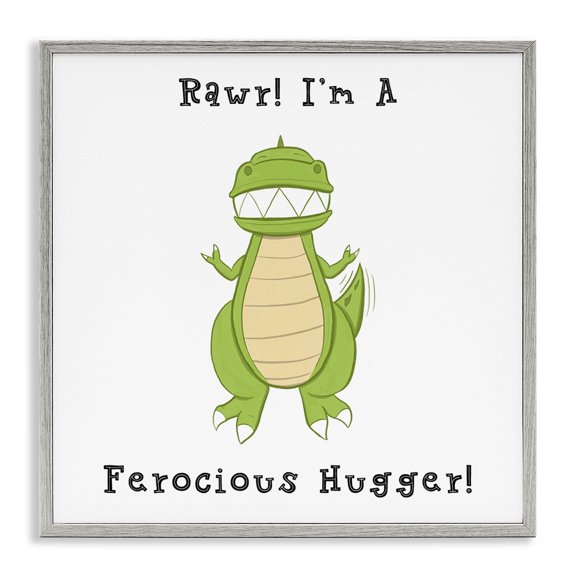 Stupell Industries Contemporary Rawr Ferocious Hugger Happy Green Dinosaur Smiling T-Rex Gray Framed Giclee Art, 12 x 12, by Hugo Edwins