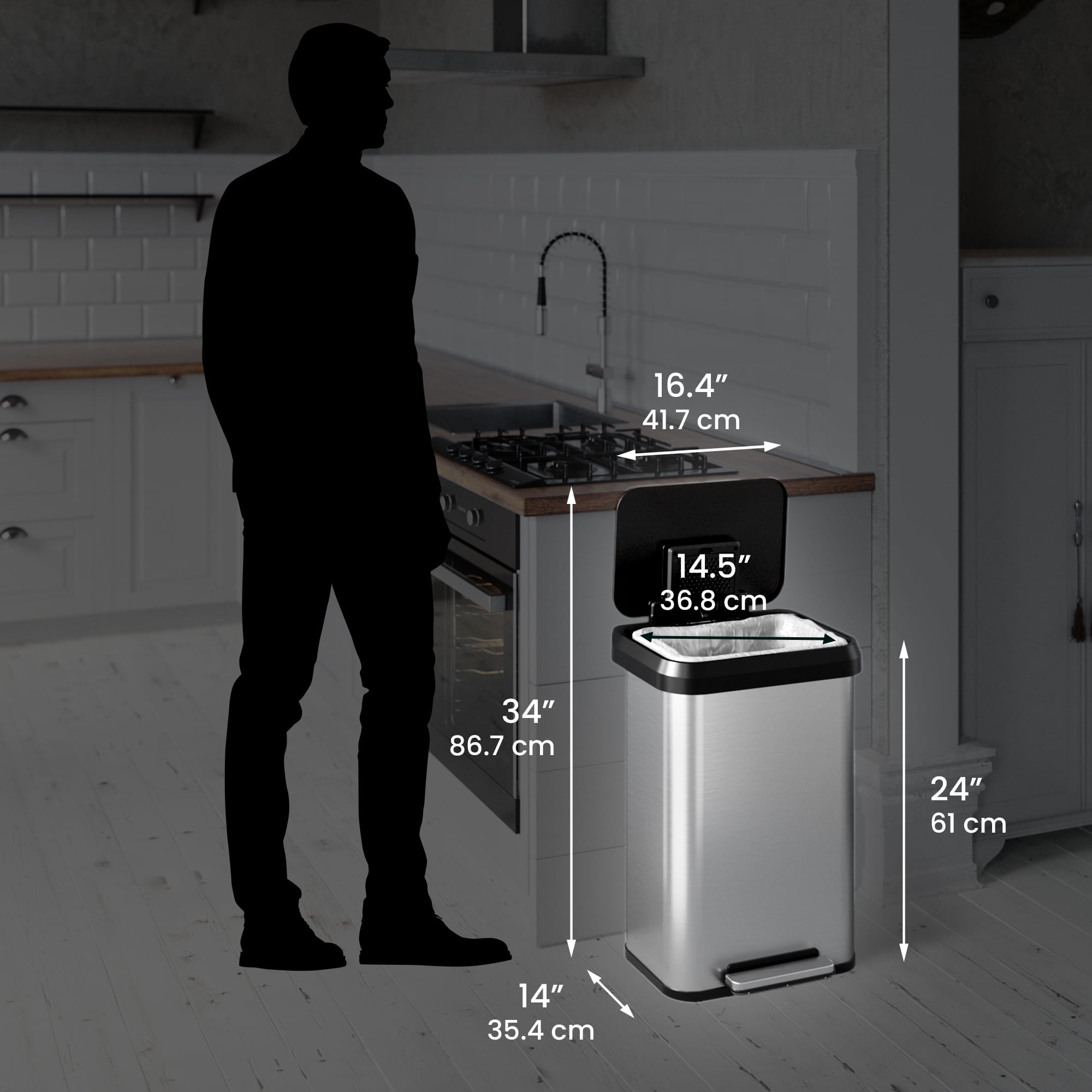 iTouchless SoftStep EXP 13.2 Gallon Step Pedal Trash Can with AbsorbX Odor Filter, Stainless Steel with Durable Plastic Lid, 50 Liter Garbage Bin for Kitchen, Home, Office, Business