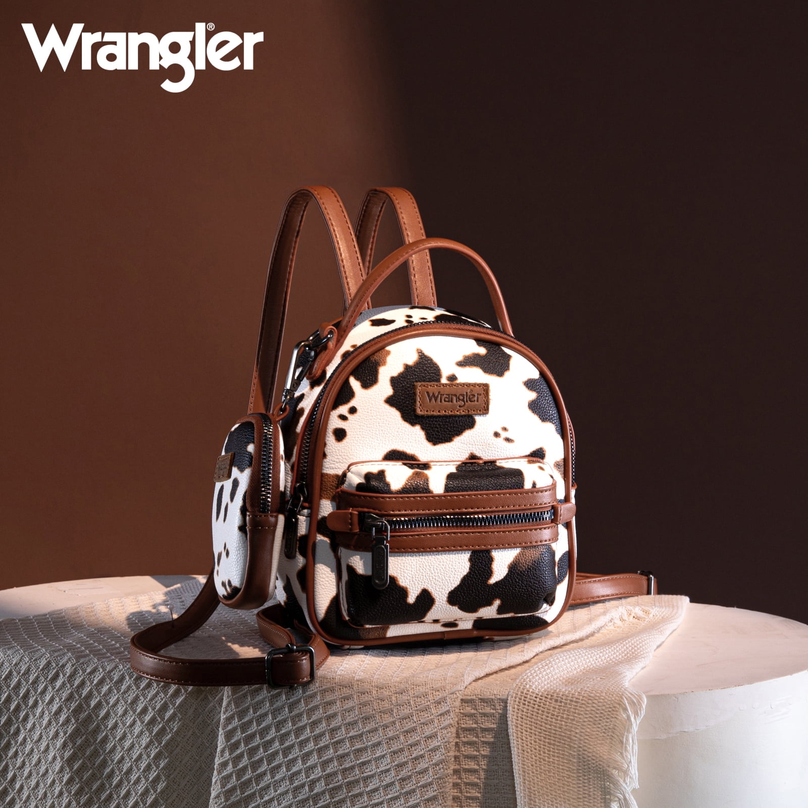 Wrangler Mini Backpack Cute Cow Print Backpack Purse for Women, Brown